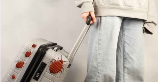 person holding luggage with bed bugs