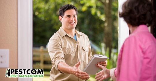 Pest control technician at property manager's front door